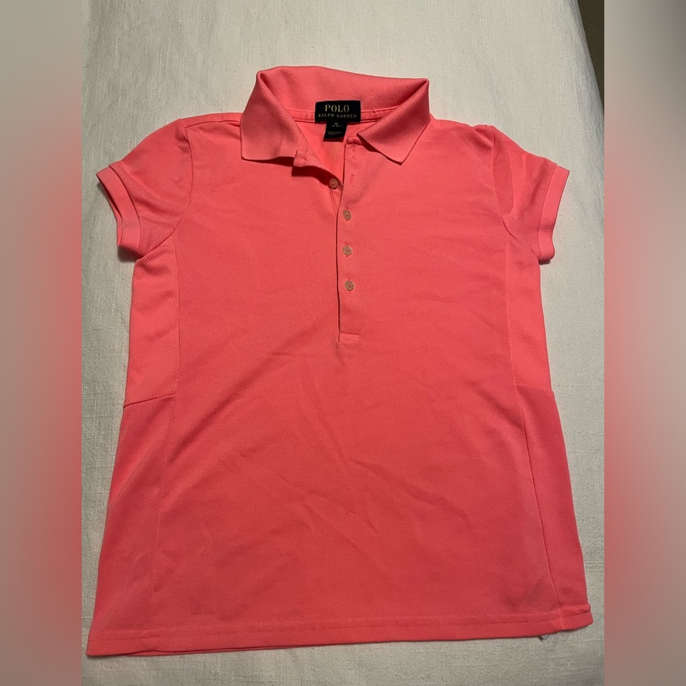 Polo girls medium golf shirt 🍑 ⛳️ 
Size Medium
Neon peach 
neon yellow horse